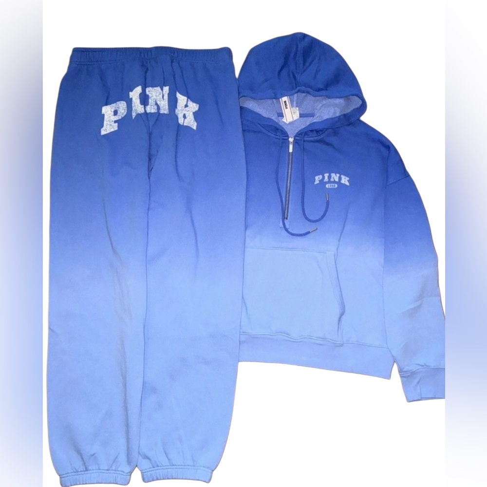 New VICTORIAS SECRET PINK DIP DYE CAMPUS HALF ZIP HOODIE & PANTS ULTRA MARINE